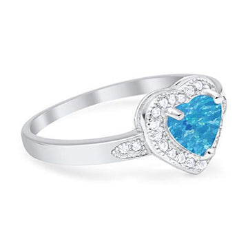Halo Heart Promise Ring Round Lab Created Blue Opal 925 Sterling Silver